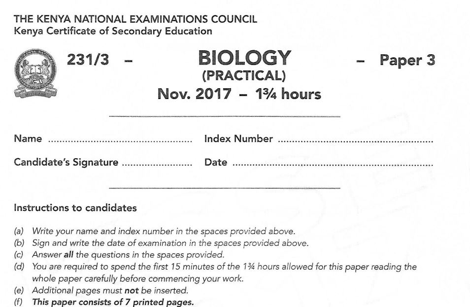 Biology Paper 3 KCSE past paper with answers
