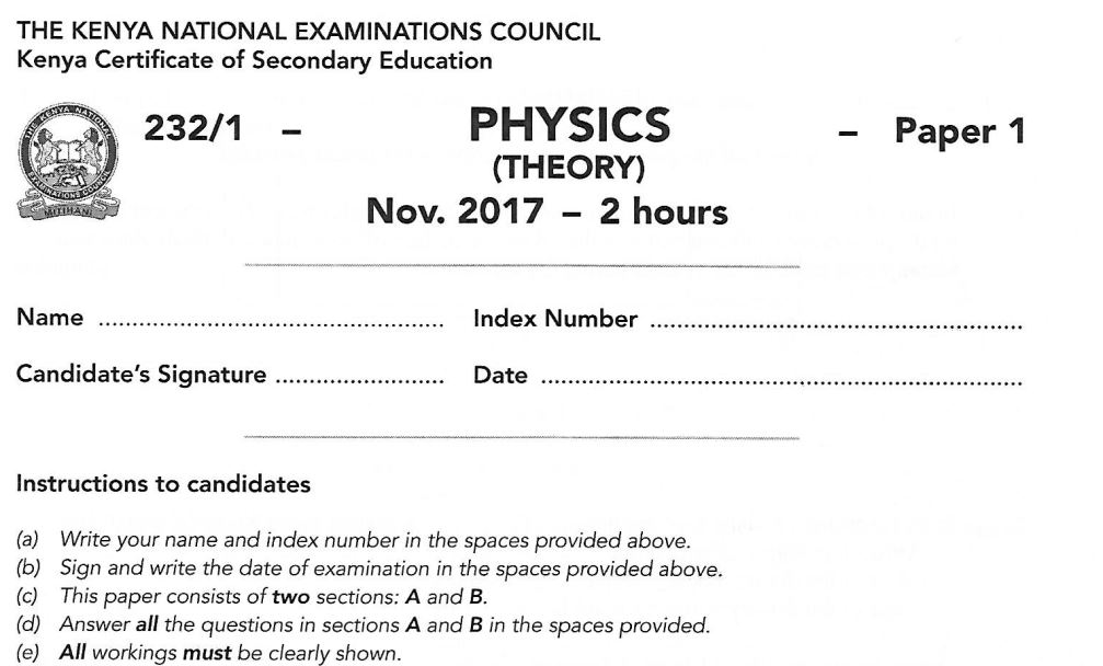 Physics Paper 1 207 KCSE past paper