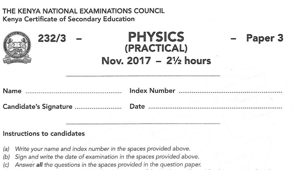 Physics Paper 3 2017 KCSE past paper