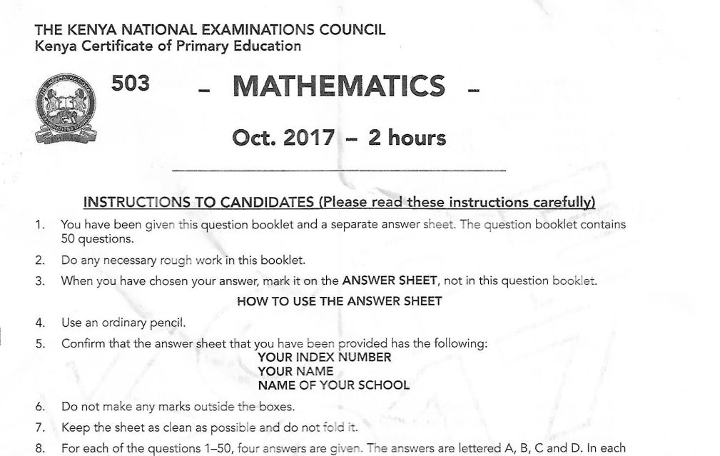 KCPE Past paper maths 2017, mathematics