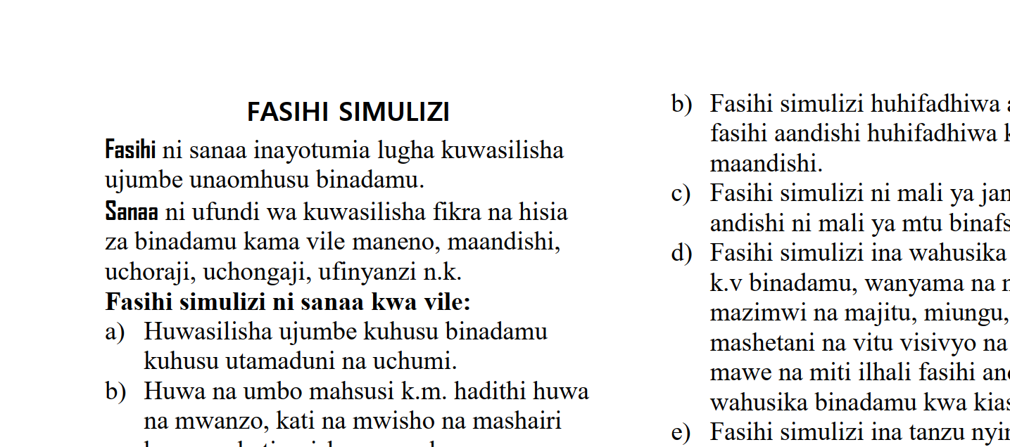 Kiswahili Fasihi Simulizi Notes