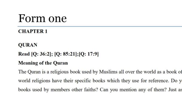 Form 1 Islamic Religious Education (IRE) pdf notes for form one secondary school students
