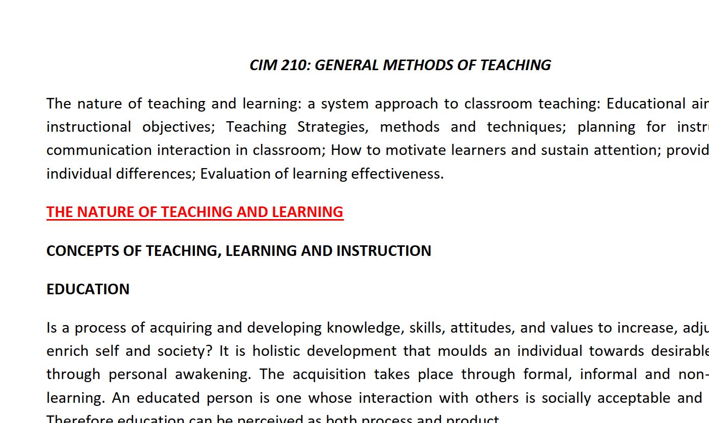 CIM 210 General Methods of Teaching class notes pdf