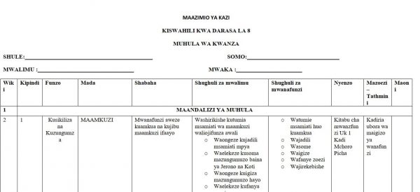 Kiswahili Class 8 Schemes of Work, Term 1, 2 and 3