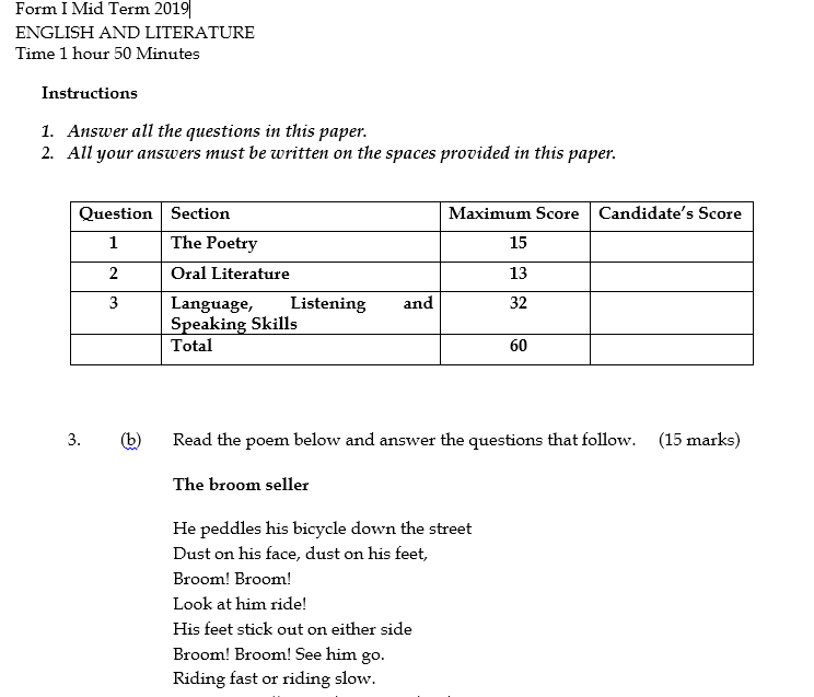 Form 1 Mid Term Past Papers (English and Literature)