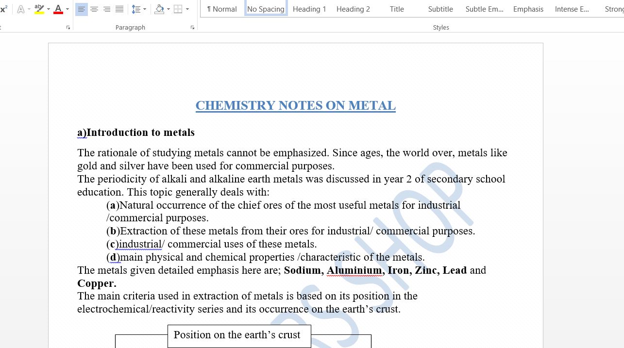 Form 3 chemistry Class notes on Metal