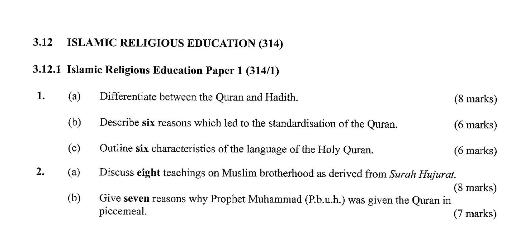 KCSE Islamic Paper 1, 2018 with Marking Scheme (Answers)