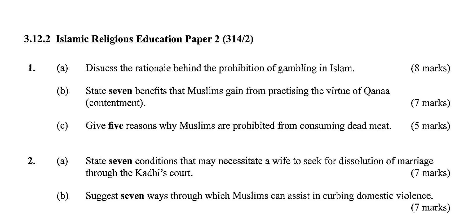 KCSE Islamic Paper 2, 2018 with Marking Scheme (Answers)