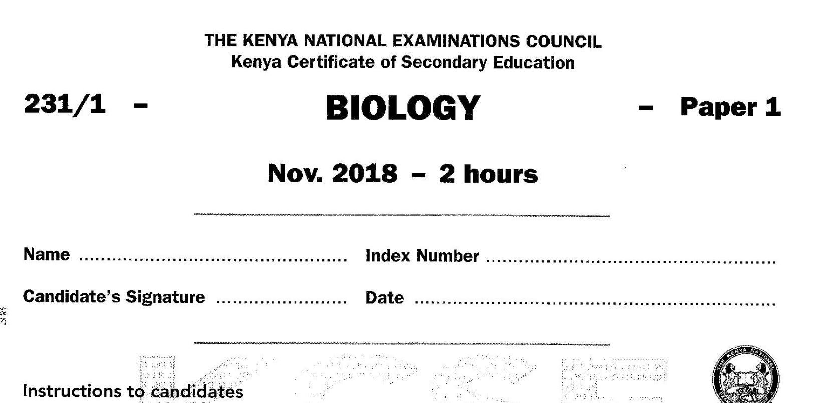 KCSE Biology Paper 1, 2018 with Marking Scheme (Answers)