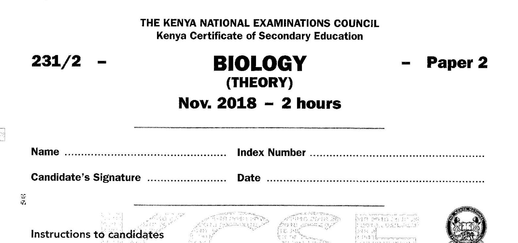 KCSE Biology Paper 2, 2018 with Marking Scheme (Answers)