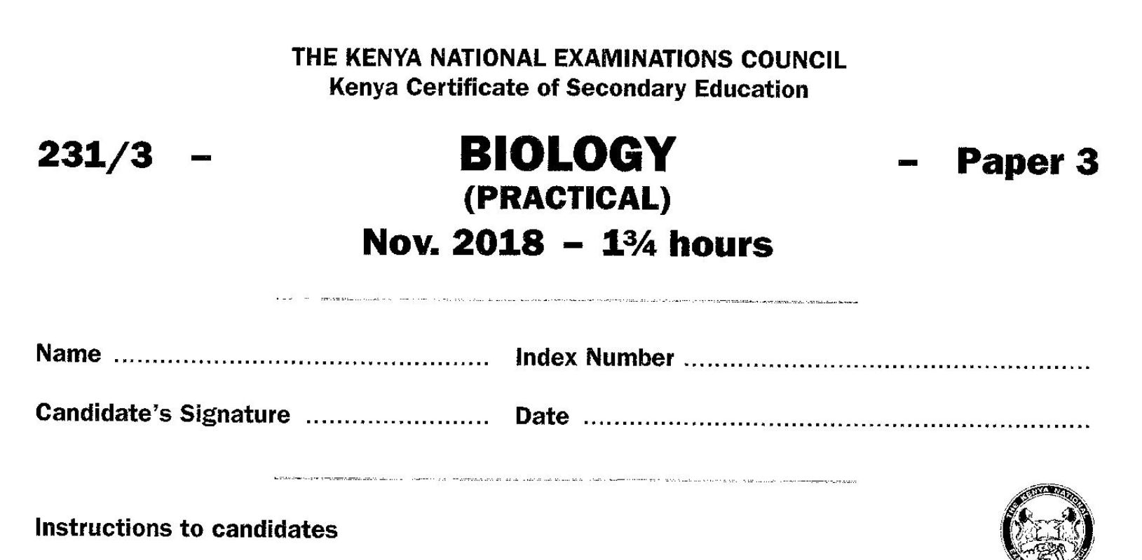 KCSE Biology Paper 3, 2018 with Marking Scheme (Answers)