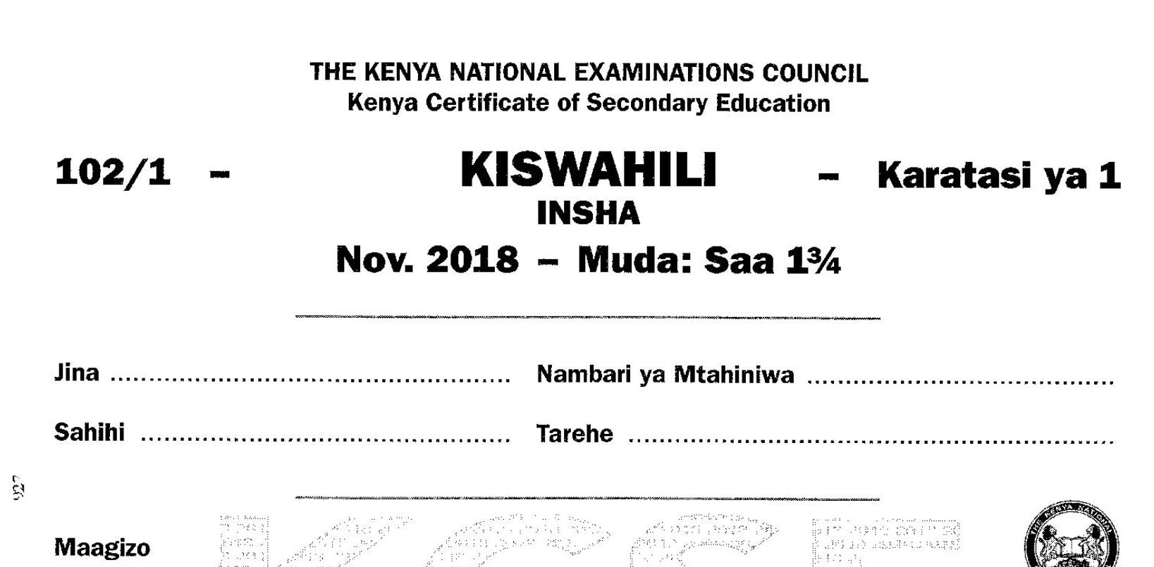 KCSE Kiswahili Paper 1, 2018 with KNEC Marking Scheme (Answers)