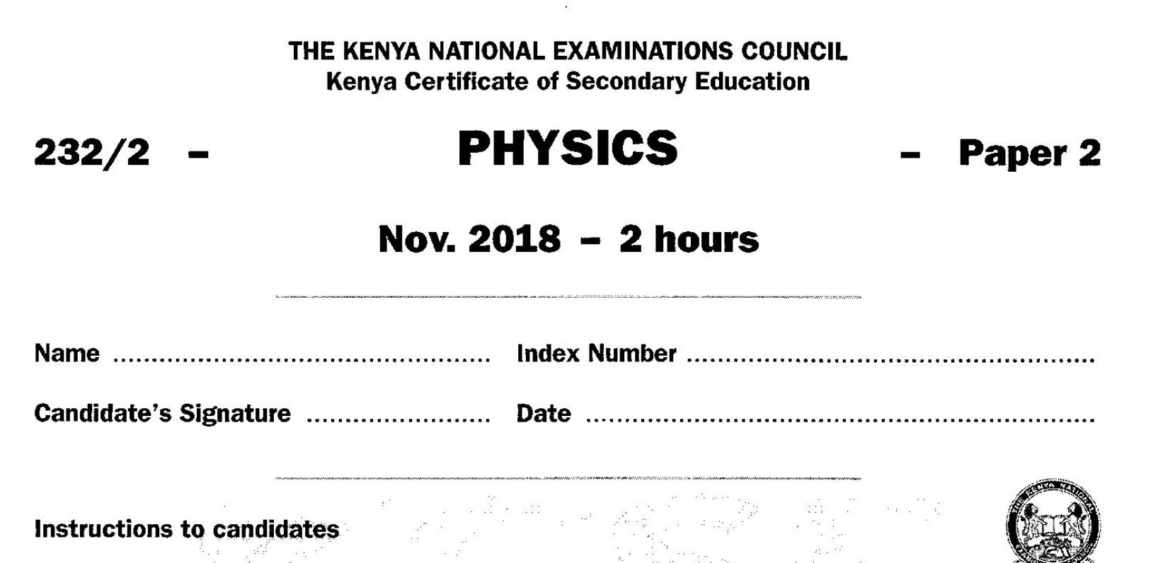 KCSE Physics Paper 2, 2018 with Marking Scheme (Answers)