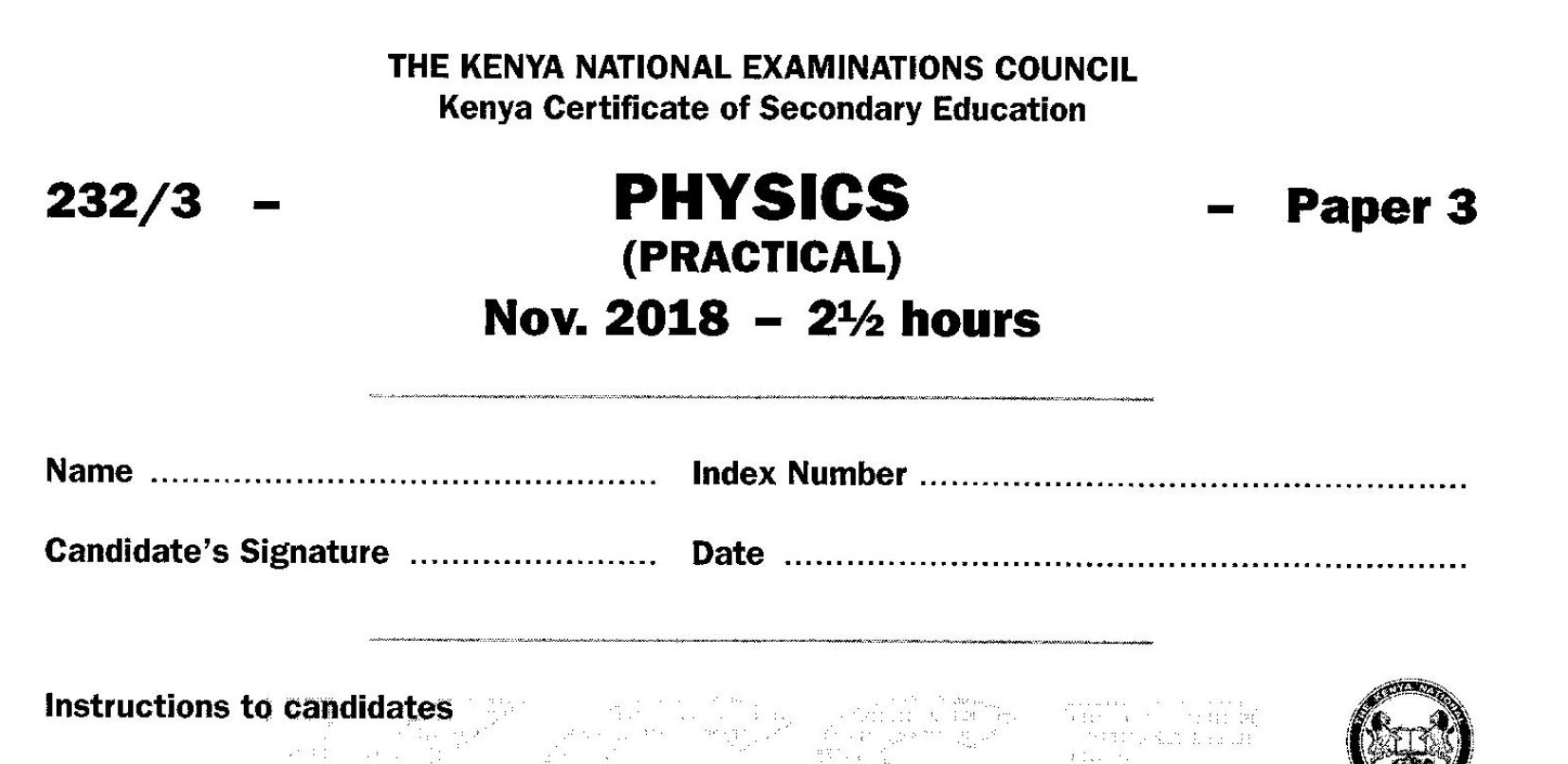 KCSE Physics Paper 3, 2018 with Marking Scheme (Answers)