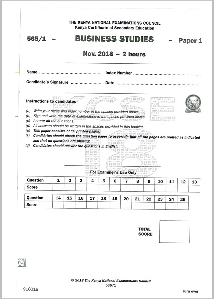 KNEC KCSE 2018 Business Studies Paper 1and 2 combined with Answers