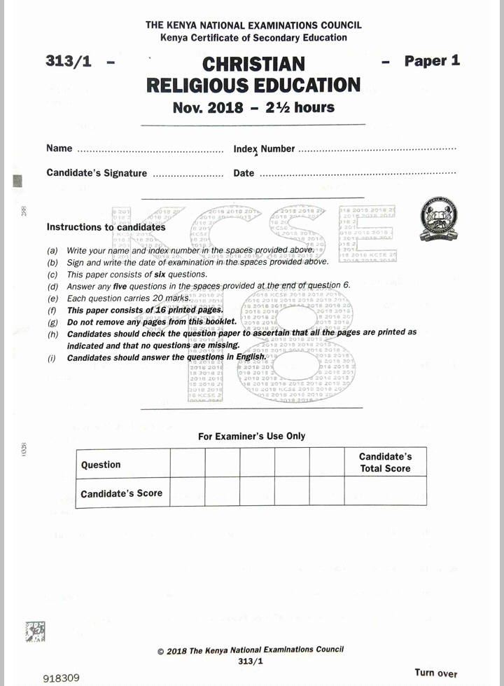 KNEC KCSE 2018 CRE Paper 1 and 2 Combined with Answers