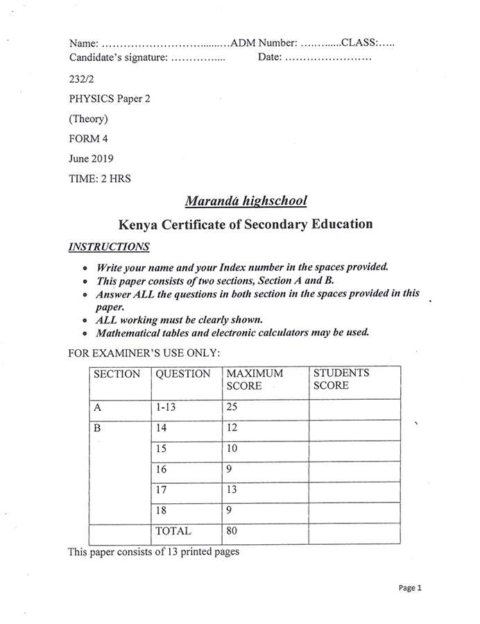 Maranda High Form 4 Physics Paper 2