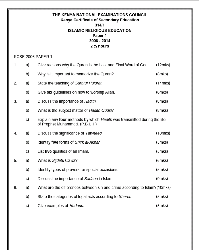 KNEC KCSE 2006-2014 Islamic Religious Education PP1 Past Papers