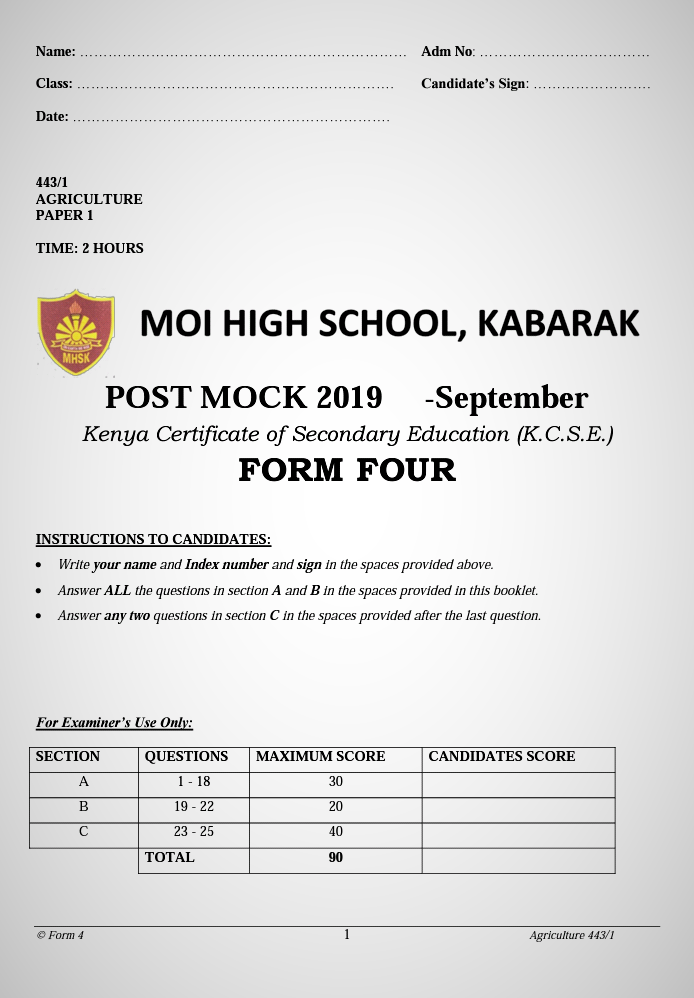 Kabarak Post Mock 2019 Agriculture Paper 1 and 2 with Marking Schemes