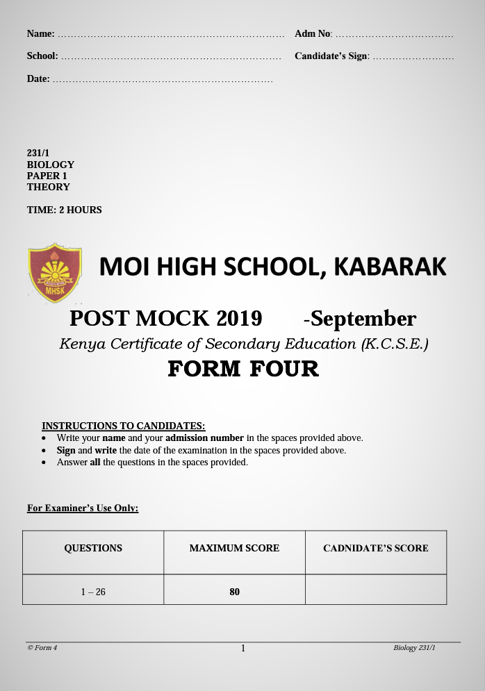 Kabarak Post Mock 2019 Biology Paper 1,2 and 3 Combined with Marking Schemes