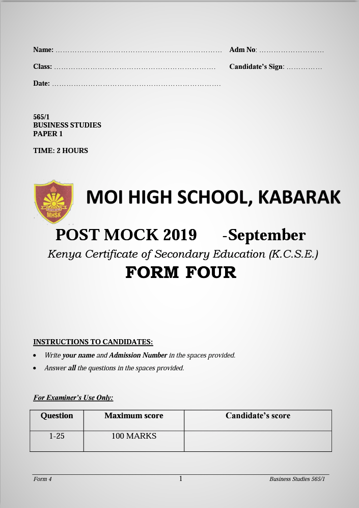 Kabarak Post Mock 2019 Business Studies Paper 1 and 2 Combined with Marking Schemes