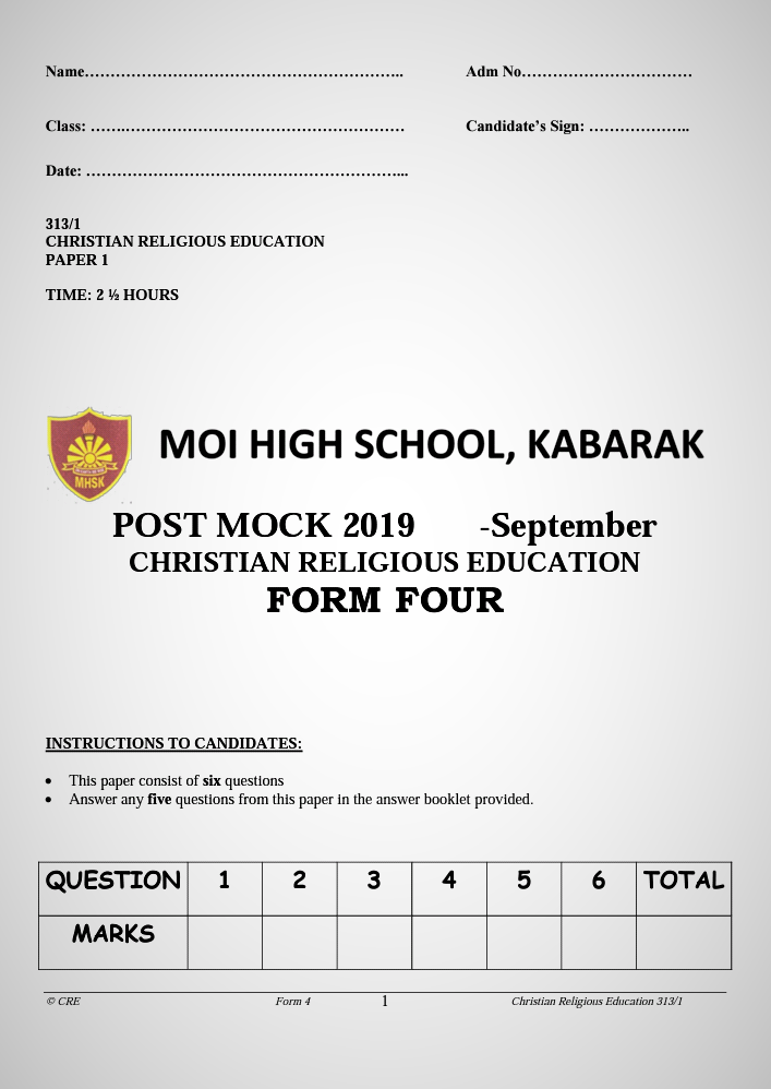 Kabarak Post Mock 2019 CRE Paper 1 and 2 Combined with Marking Schemes