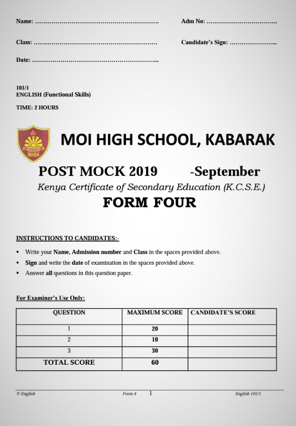 Kabarak Post Mock 2019 English Paper 1, 2 and 3 Combined with Marking Schemes