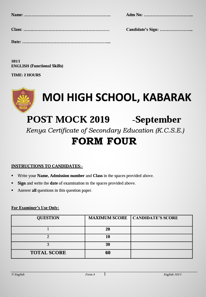 Kabarak Post Mock 2019 English Paper 1, 2 and 3 Combined with Marking Schemes