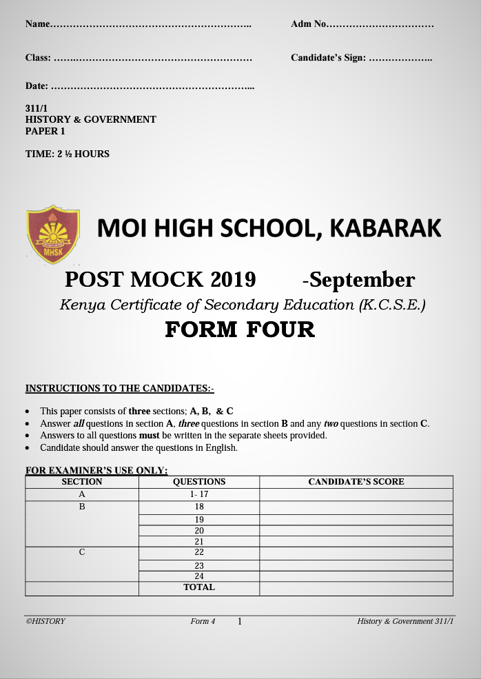 Kabarak Post-Mock 2019 History and Government Paper 1, 2 with Marking Schemes