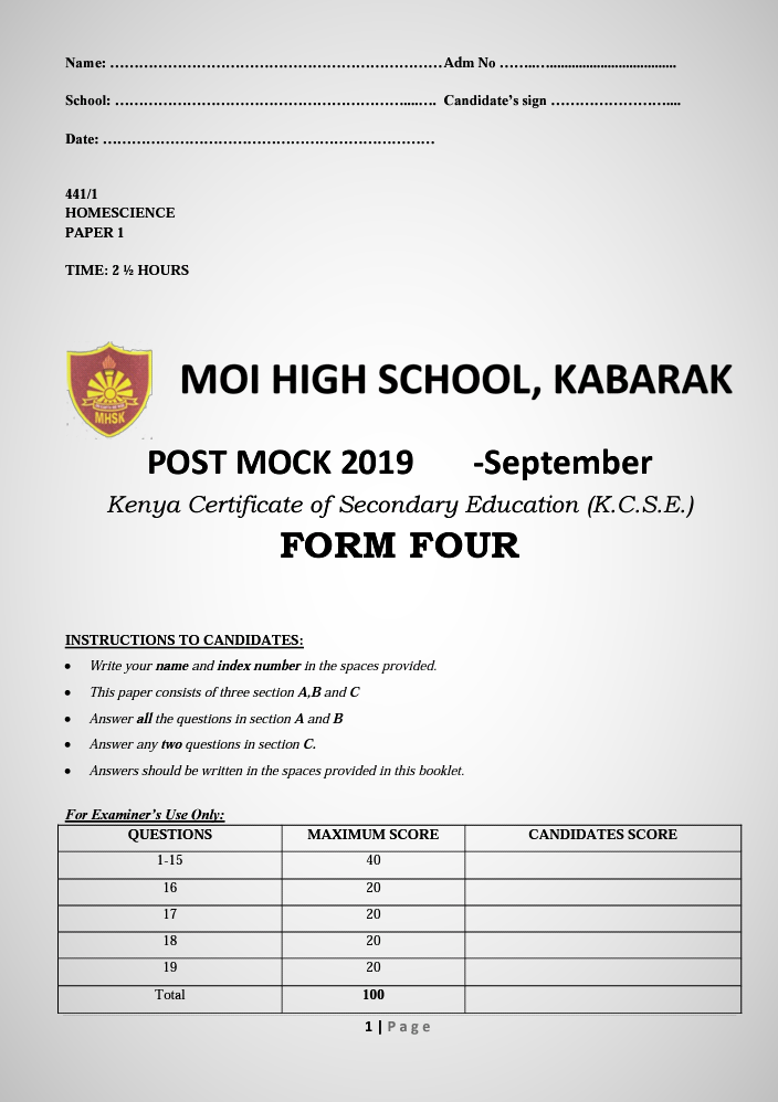 Kabarak Post-Mock 2019 Home Science Paper 1, 2 and 3 Combined with Marking Schemes