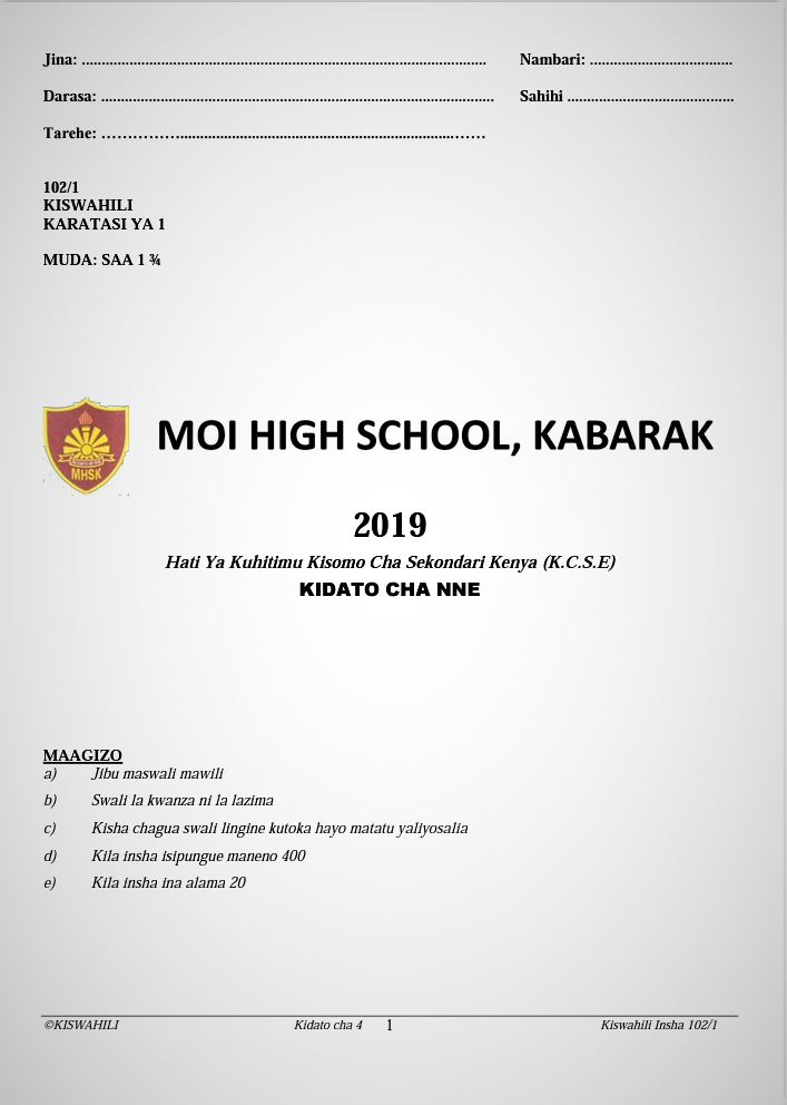 Kabarak Post-Mock 2019 Kiswahili Paper 1, 2 and 3 Combined with Marking Schemes