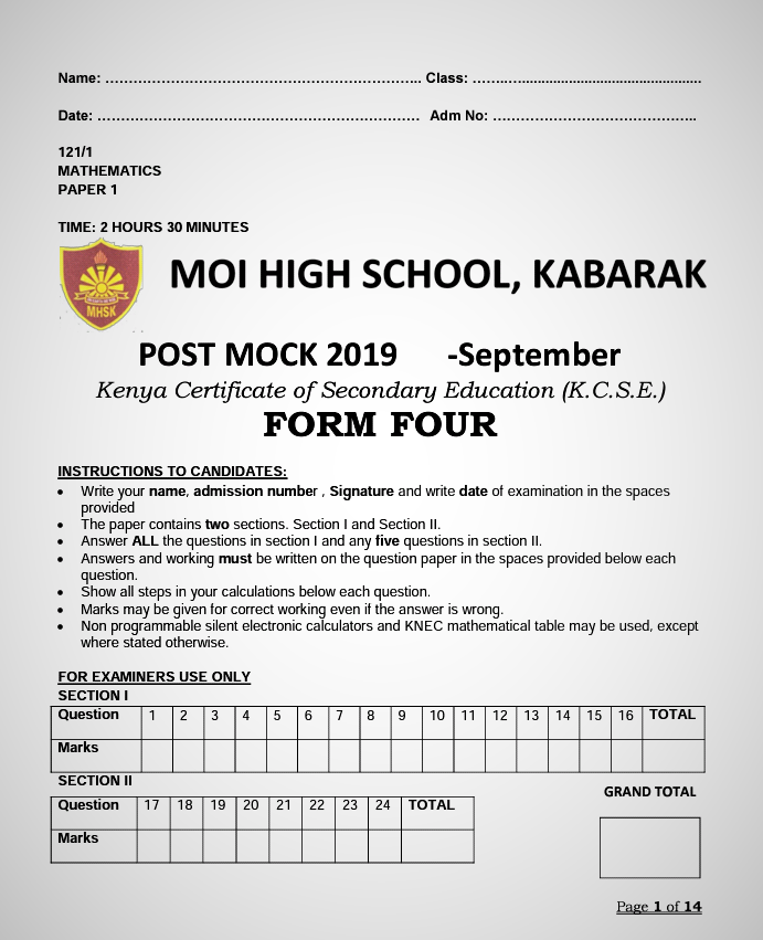 Kabarak Post-Mock 2019 Mathematics Paper 1 and 2 Combined with Marking Schemes