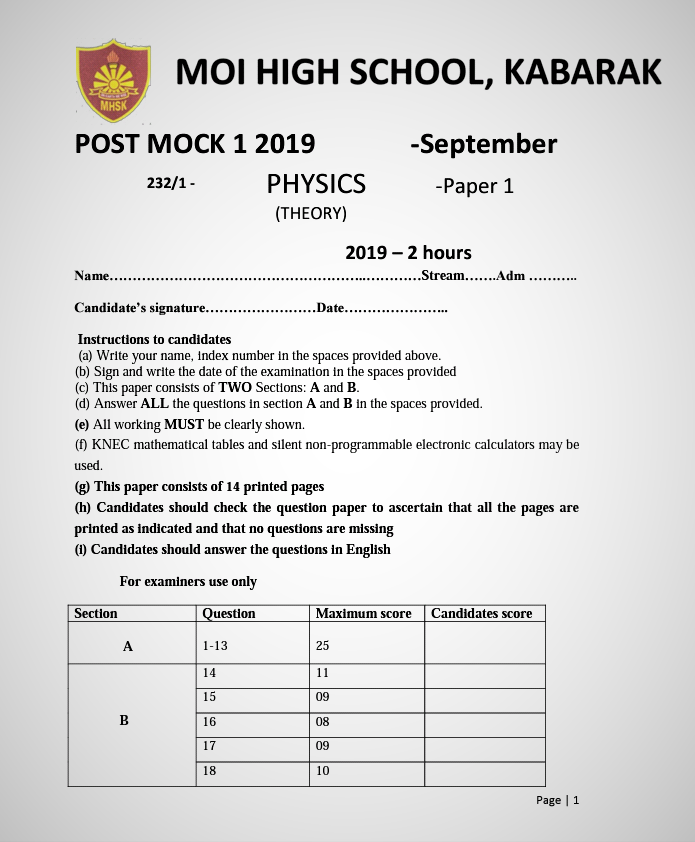 Kabarak Post-Mock 2019 Physics Paper 1, 2 and 3 Combined with Marking Schemes