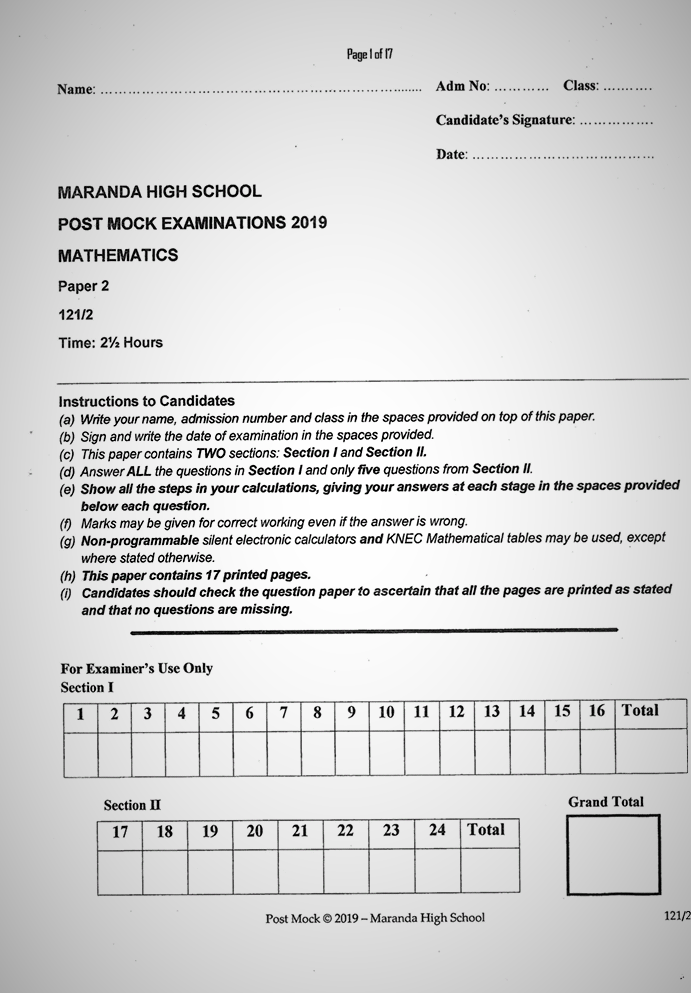 Maranda High School Post Mock Form 4 Mathematics Paper 2
