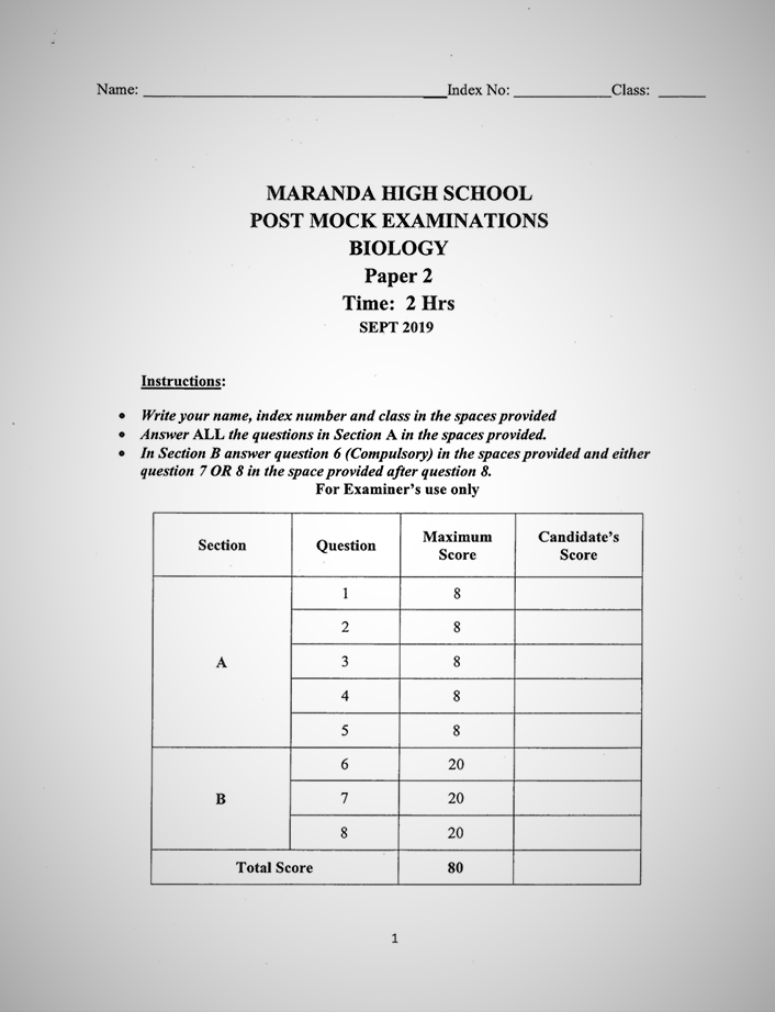 Maranda High School Form 4 Biology Paper 2 (September, 2019)