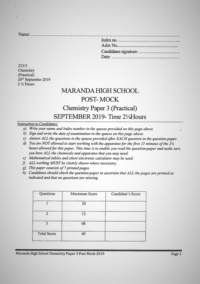 Maranda High School Post-Mock Form 4 Chemistry Paper Three