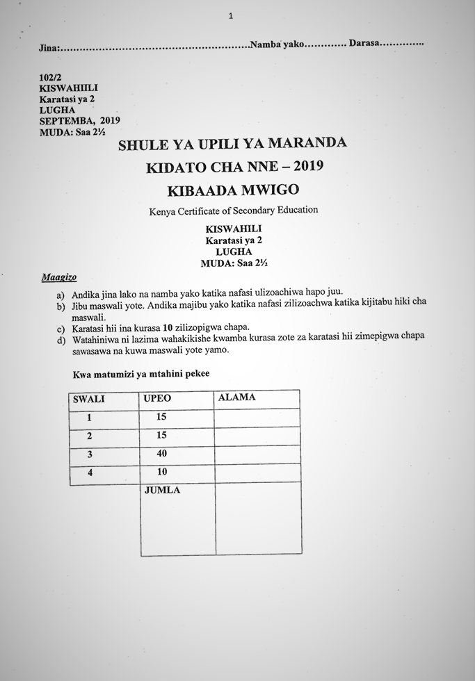 Maranda High School Post-Mock Form 4 Kiswahili Paper 2 ( September 2019)