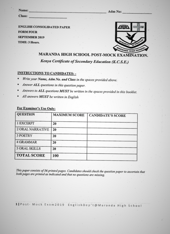 Maranda High School September Form 4 English Paper 2 (September 2019)