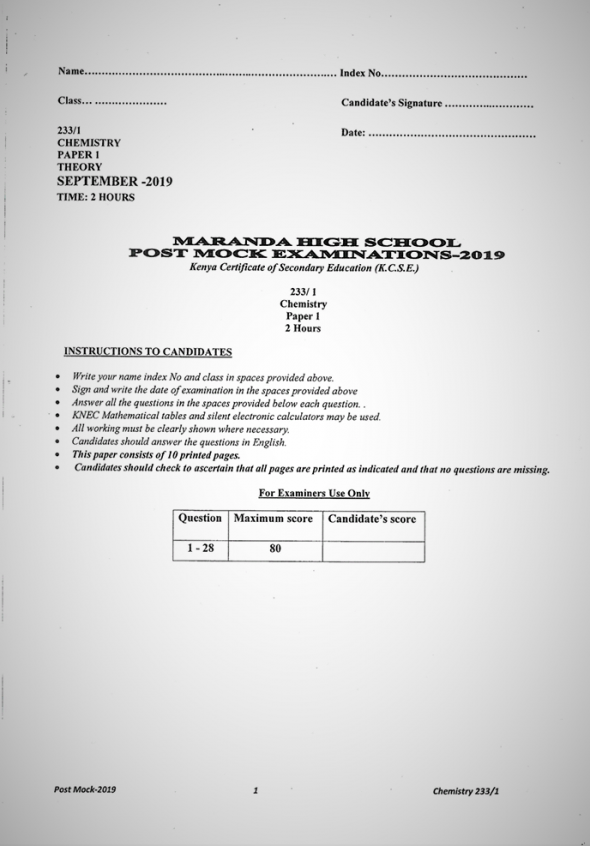Maranda High School Post-Mock Form 4 Chemistry Paper 1 (September, 2019)