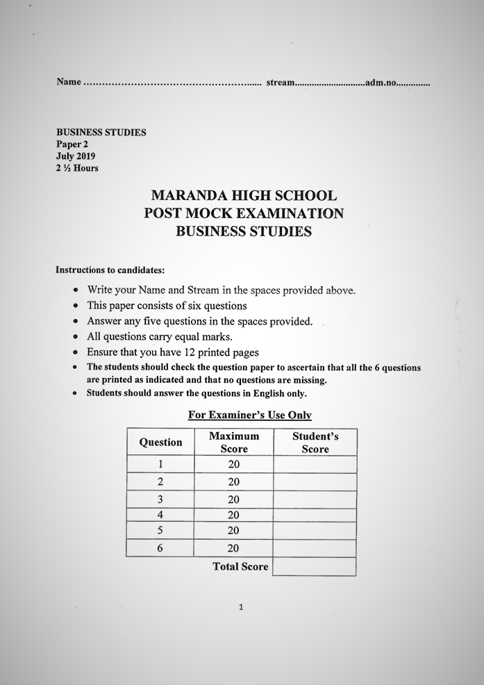Maranda High School Form 4 Business Paper 2 (July, 2019)