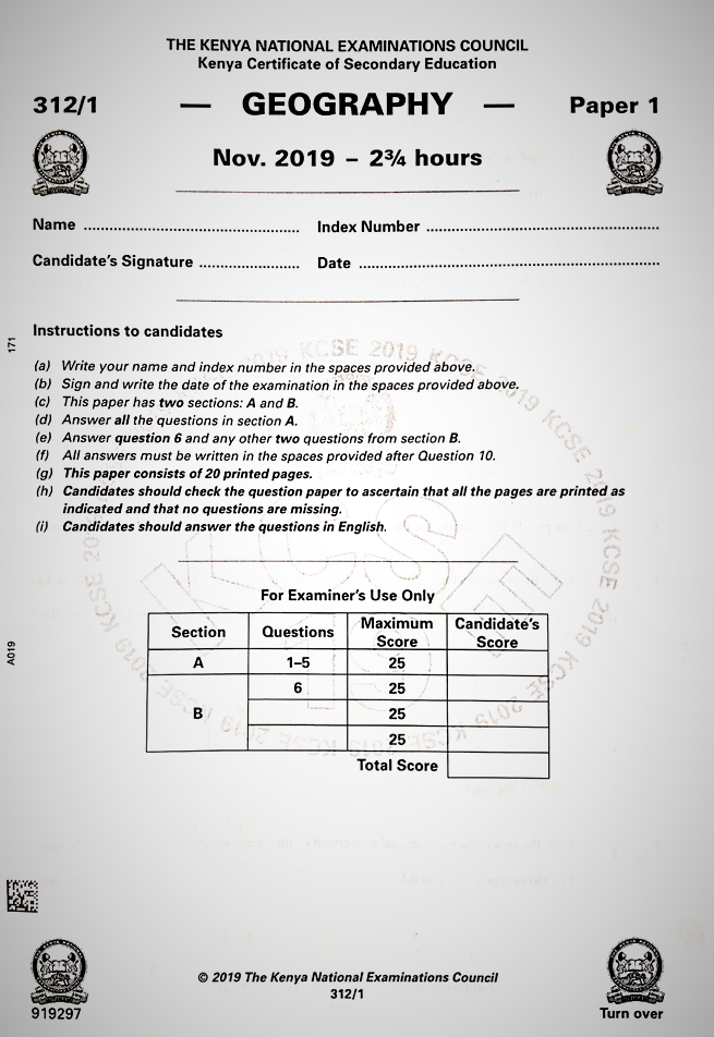 KNEC KCSE 2019 Geography Paper 1 Past Paper