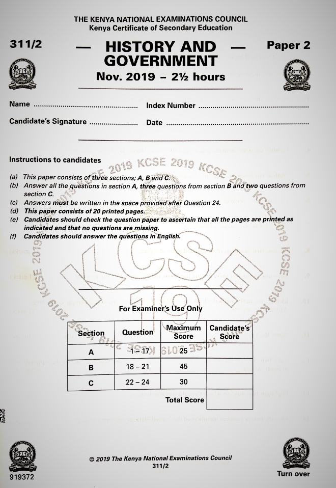 KCSE 2019 History and Government Paper 2