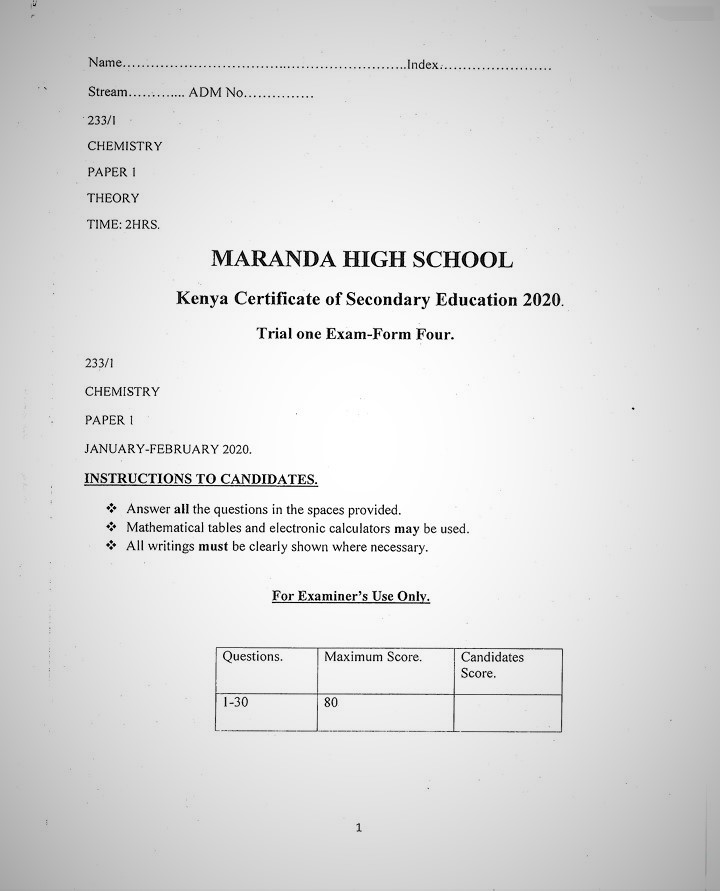 Maranda High School Chemistry Paper 1 Mid-Term 1 2020 Past Paper