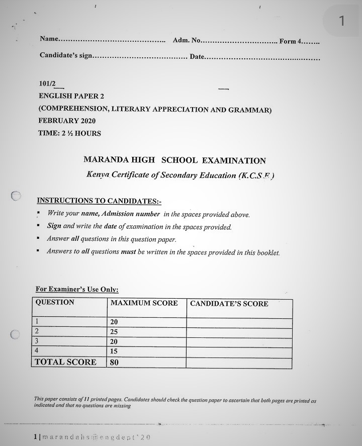 Maranda High School English Paper 2 Mid-Term 1 2020 Past Paper