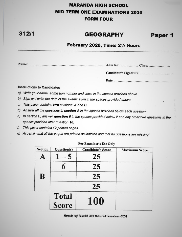 Maranda High School Geography Paper 1 Mid-Term 1 2020 Past Paper