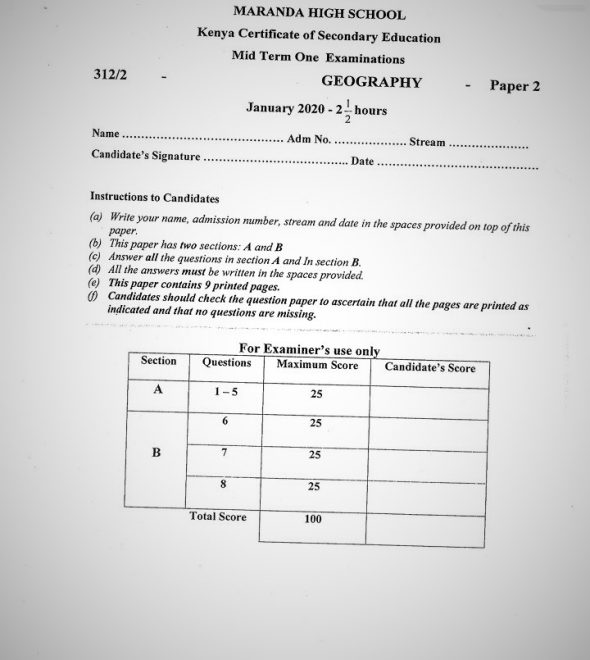 Maranda High School Geography Paper 2 Mid-Term 1 2020 Past Paper