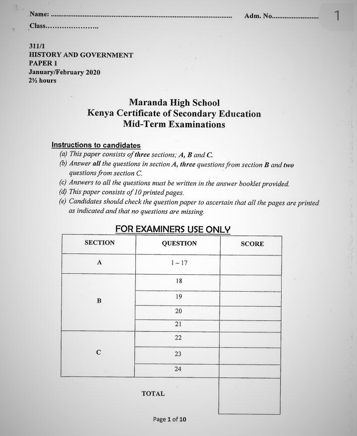 Maranda High School History Paper 1 Mid-Term 1 Form 4 2020 Past Paper