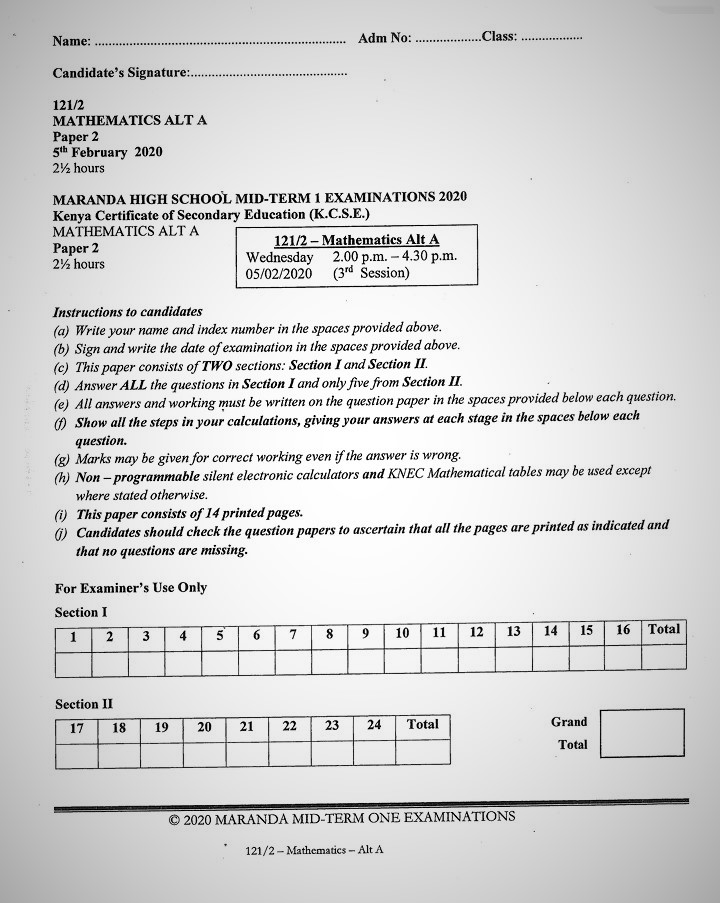 Maranda High School Mathematics Paper 1 Mid-Term 1 Form 4 2020 Past Paper