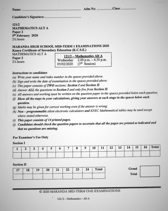 Maranda High School Mathematics Paper 2 Mid-Term 1 Form 4 2020 Past Paper
