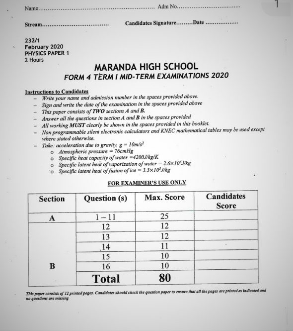 Maranda High School Physics Paper 1 Mid-Term 1 Form 4 2020 Past Paper
